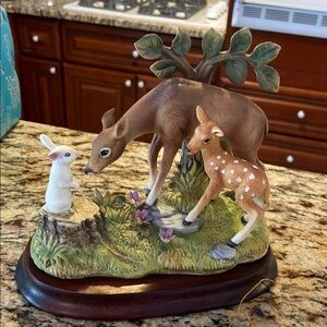 Andrea By Sadek Deer and Rabbit Ceramic Figurine - Brown and Green With Box